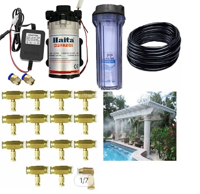 Combo hệ thống phun sương 15 vòi làm mát quán ăn, cafe gồm đủ phụ kiện, máy bơm kèm đủ phụ kiện Combo hệ thống phun sương 15 vòi làm mát quán ăn, cafe gồm đủ phụ kiện, máy bơm kèm đủ phụ kiện